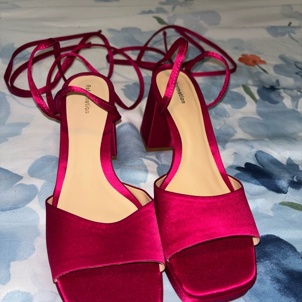 Reformation Fuchsia Satin Block Heel Sandals
